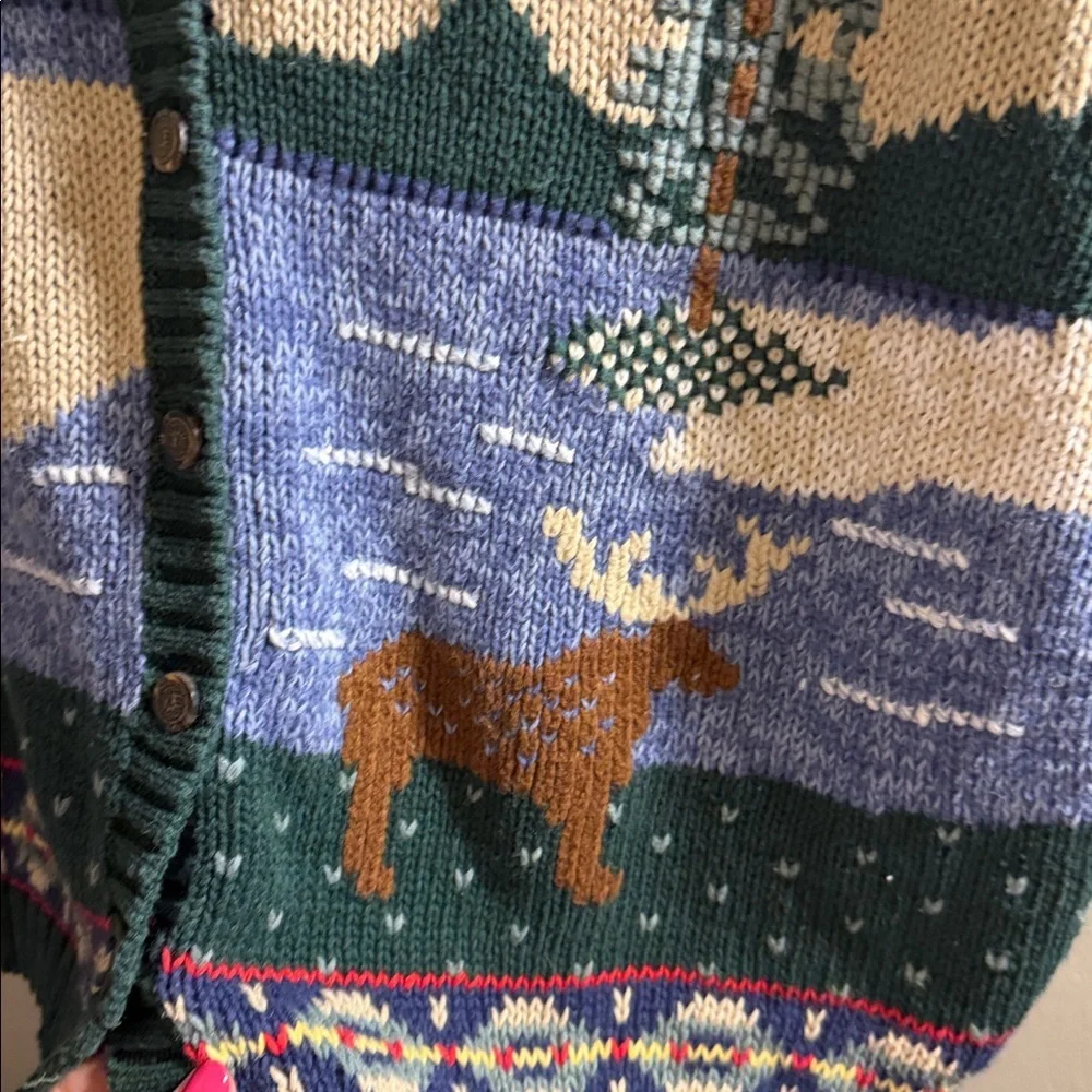Vintage Green Scenic Button Front Knit Vest - Moose Lake Motif
